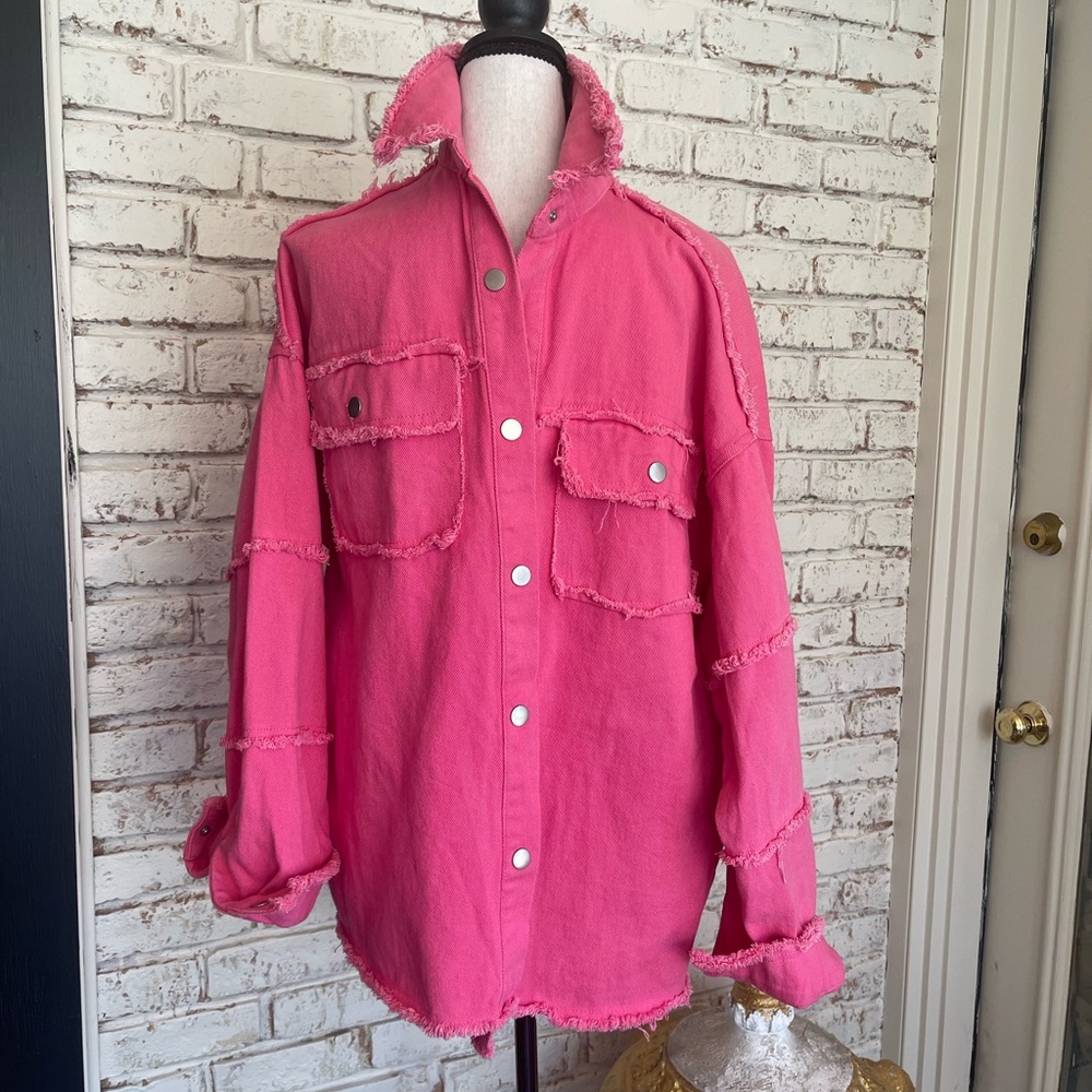 Women's Pink Frayed Denim Jacket